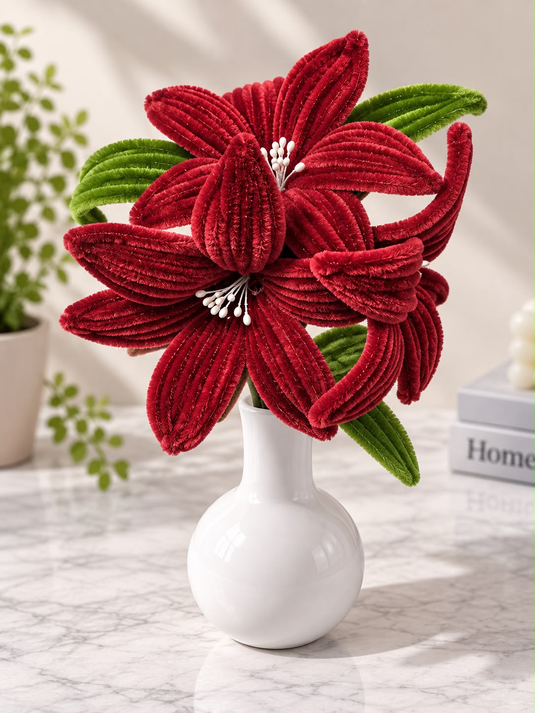 Maroon Pipe Cleaner Lily Flowers – Handmade Fuzzy Artificial Lilies
